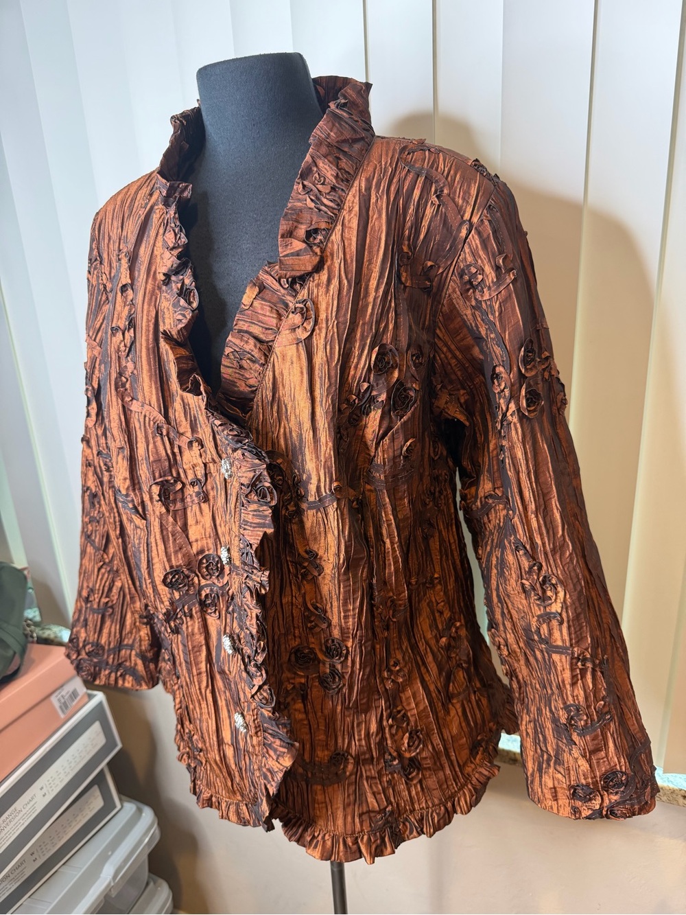 Goldwater Creek Ruffled Textured Metallic Copper Jacket Rhinestone Buttons SZ 20 - Picture 3 of 8